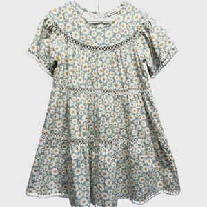 Girl and the Sun Daisy Floral Cotton Mini‎ Dress Blue White Yellow Lace Trim S